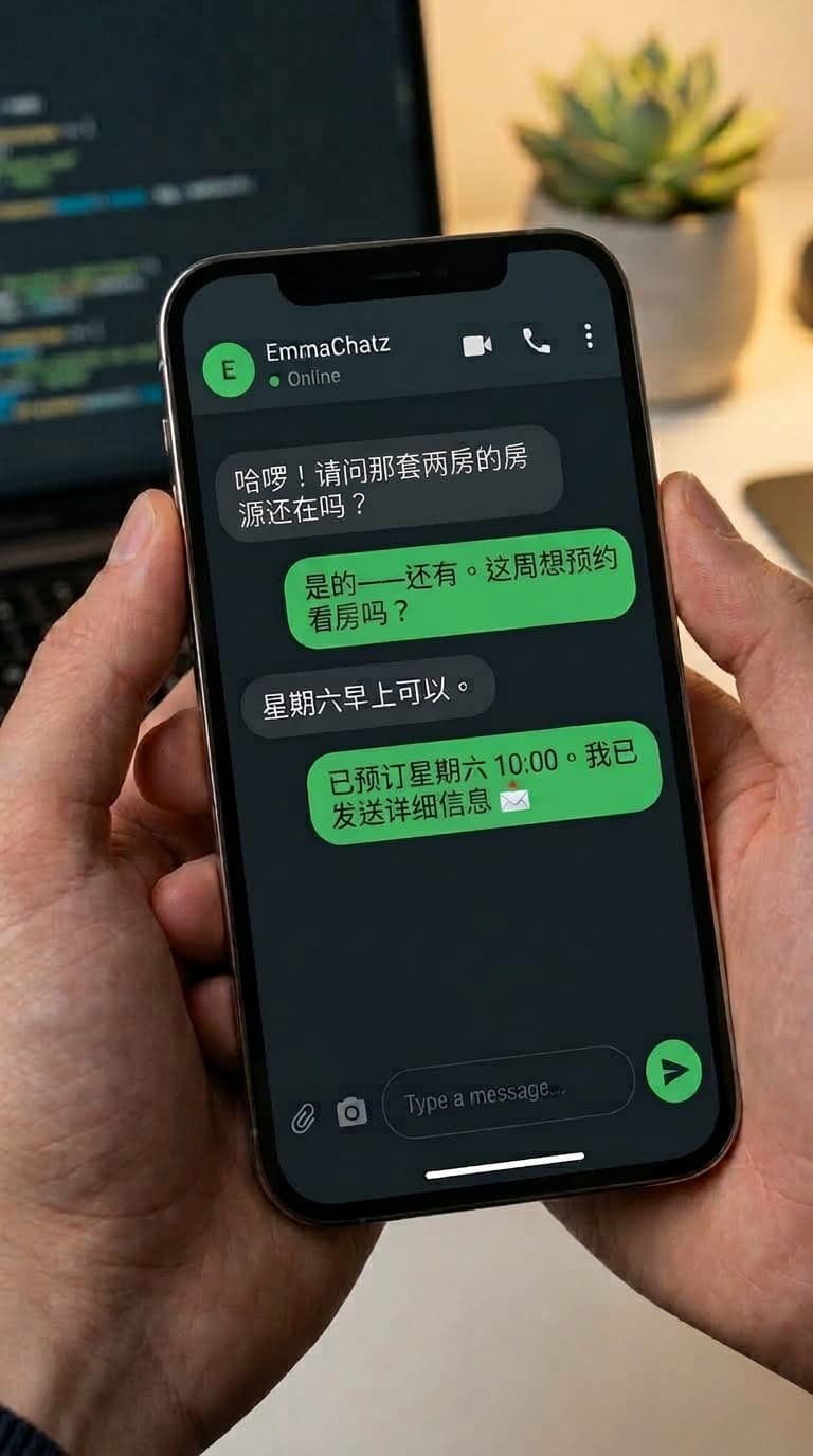 客户在手机上与 EmmaChatz 对话。 客户：哈啰！请问那套两房的房源还在吗？ Emma：是的——还有。这周想预约看房吗？ 客户：星期六早上可以。 Emma：已预订星期六 10:00。我已发送详细信息 ✉️