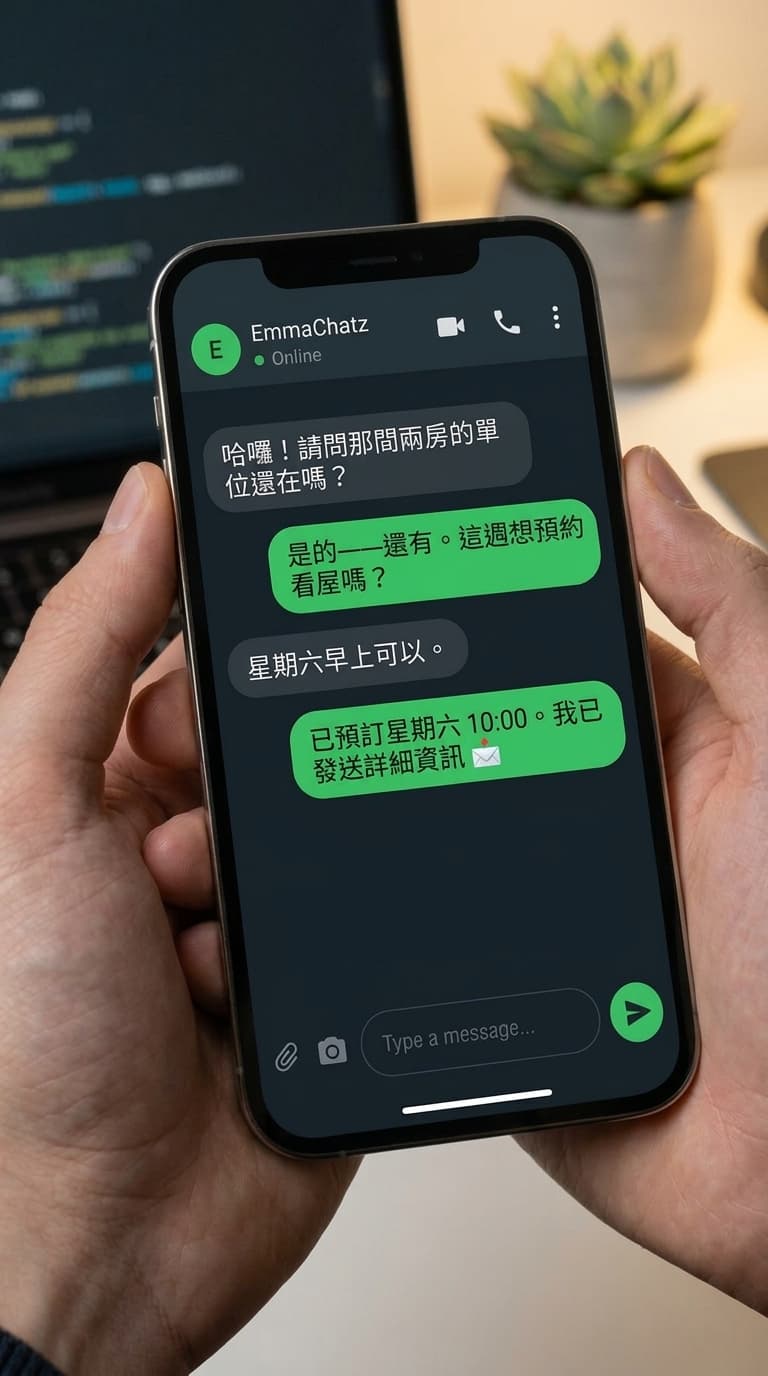 顧客在手機上與 EmmaChatz 對話。 顧客：哈囉！請問那間兩房的單位還在嗎？ Emma：是的——還有。這週想預約看屋嗎？ 顧客：星期六早上可以。 Emma：已預訂星期六 10:00。我已發送詳細資訊 ✉️