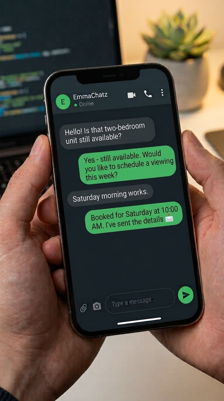 A customer chatting with EmmaChatz on a phone. Customer: Hello! Is that two-bedroom unit still available? Emma: Yes - still available. Would you like to schedule a viewing this week? Customer: Saturday morning works. Emma: Booked for Saturday at 10:00 AM. I've sent the details ✉️