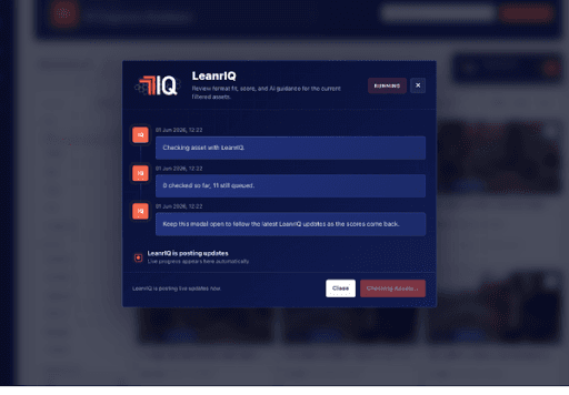 The LeanrIQ review panel scoring queued creative assets for format fit and posting live progress updates.